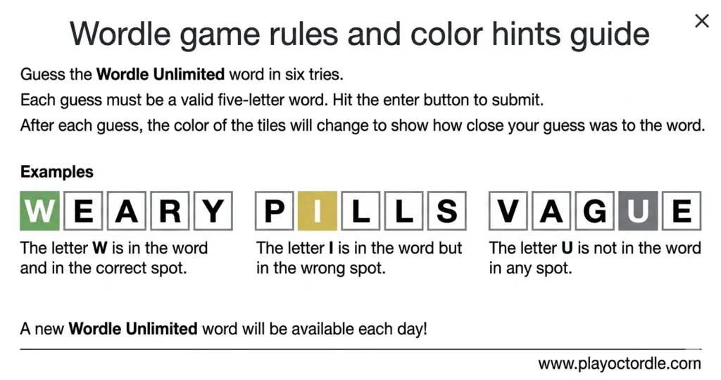 Wordle game rules and color hints guide